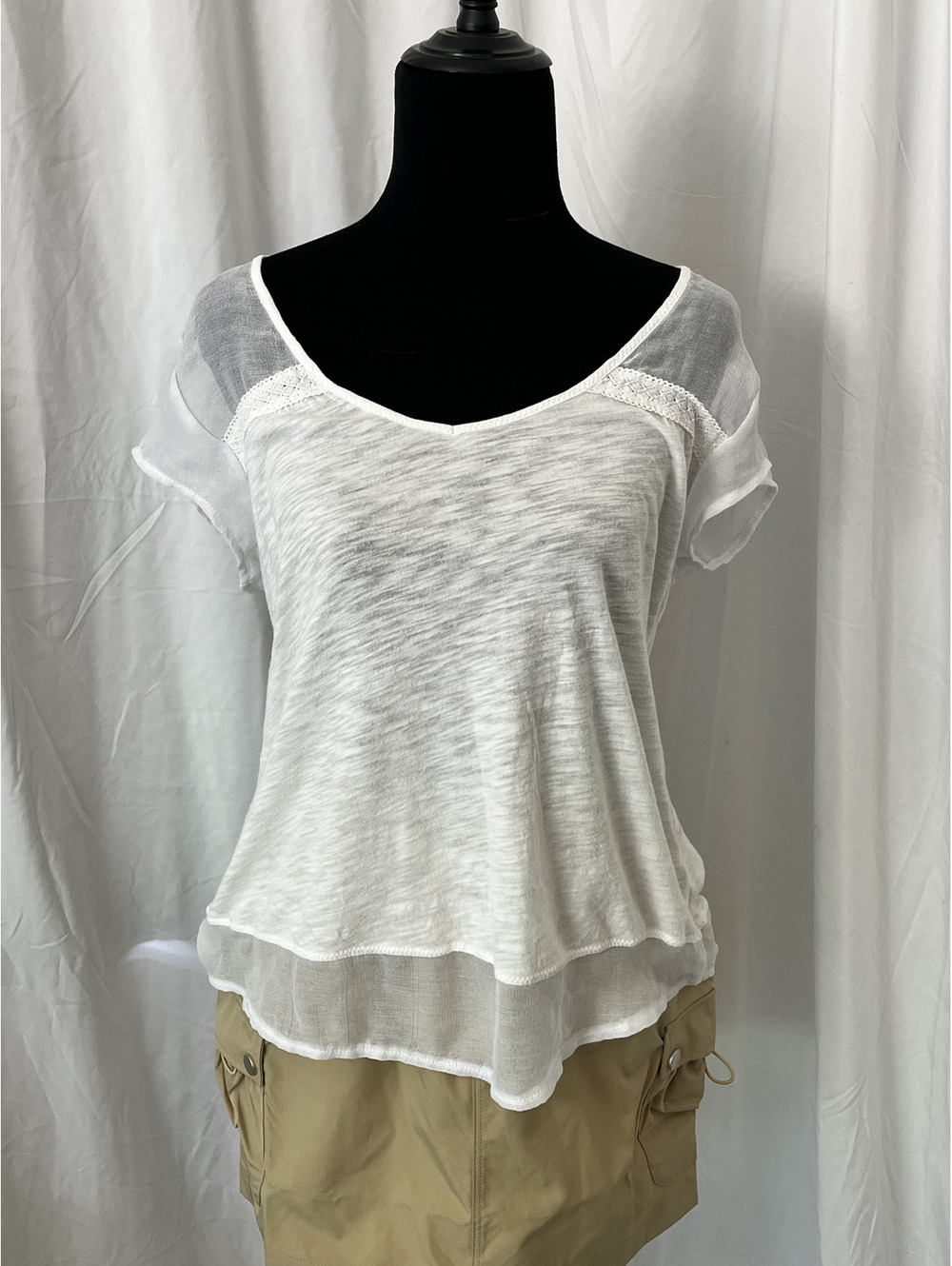 Lucky Brand White Sheer Accent Short Sleeve Top S/P